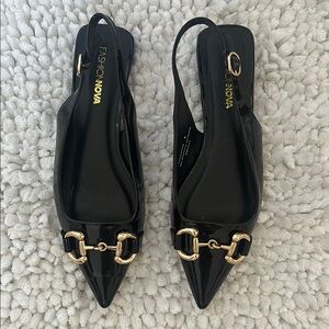 Fashion Nova Black Pointed Flats with Gold Accents